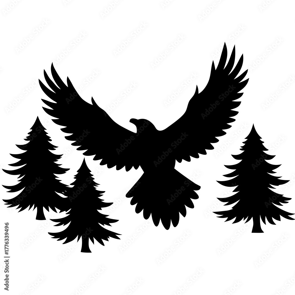 Obraz premium Eagle Flying Above Pine Trees Silhouette Vector