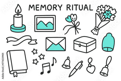 Memory Ritual Symbols. // Memory ritual. Hand-drawn doodle illustration Memory ritual [candle (accented), photo frame (accented), bouquet (accented), ribbon,