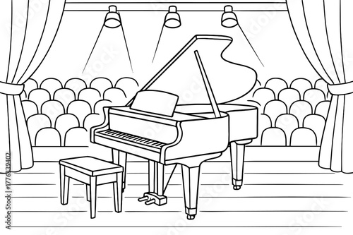 Grand Piano Coloring Page. Grand piano on stage children?s coloring book illustration, outlined drawing, a concert hall stage with a simple grand piano under