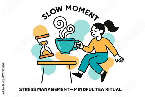 Mindful Tea Ritual. Stress management techniques ? Mindful tea ritual. Steam curls into geometric spirals; a teacup and hourglass float above a simple table.