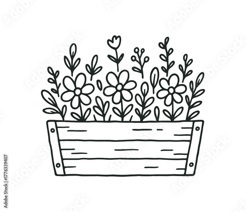 handdrawn cute doodle style porch flower box vector line illustration