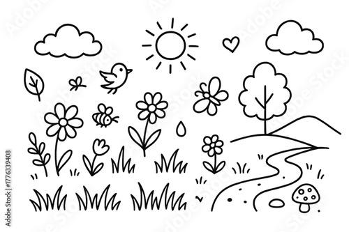 Meadow Doodle Icons. Meadows. Hand-drawn doodle illustration Meadows grass, flower, butterfly, bee, cloud, sun, tree, hill, bird, leaf, mushroom, path, rock,