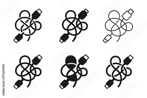 Charging Cable Logos. Charging cable mess. Set Logo of Charging cable mess: USB-C and lightning tangle. harmonious logo variations of the same emblematic