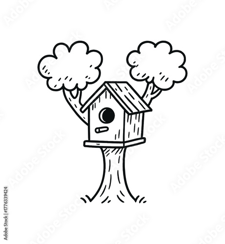 handdrawn cute doodle style birdhouse on tree vector line illustration