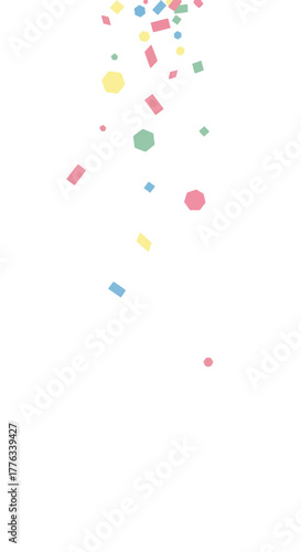 A scattering of pastel-colored geometric shapes, including circles, squares, and hexagons, creates a confetti-like effect. The shapes vary in size and color.
