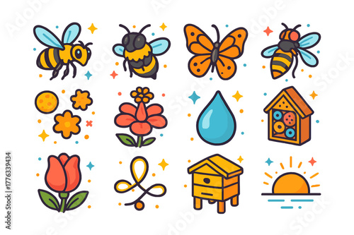 Early Bloom Pollinators. Pollinators in early bloom. Colorful isometric vector icons set of Pollinators in early bloom: honeybee, bumblebee, butterfly,