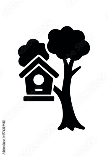 birdhouse on tree flat black solid vector illustration isolated on white background