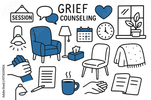 Grief Counseling Session. // Grief counseling. Hand-drawn doodle illustration Grief counseling [therapist chair (accented), client chair, tissue box