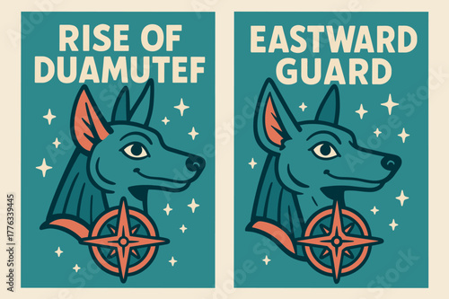 Eastward Jackal Banners. East Watcher. Two vertical A6 banners with safe margins, centered composition, no elements touching edges, cartoon, turquoise and