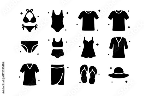 Swimwear Icons Collection. Swimwear fashion. Solid icons set of Swimwear fashion: bikini, one-piece swimsuit, swim trunks, rash guard, swim briefs, tankini,