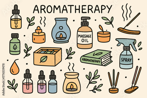 Aromatherapy Essentials Doodles. Aromatherapy. Hand-drawn doodle illustration Aromatherapy, essential oils, diffusers, candles, colored essential oils,
