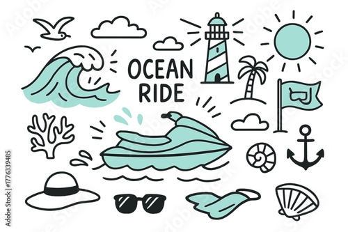 Tropical Ocean Adventure. // Ocean ride. Hand-drawn doodle illustration Ocean ride [jet ski (accented), rolling wave (accented), seagull, lighthouse