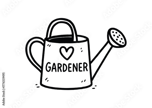 handdrawn cute doodle style urban gardener watering can vector line illustration