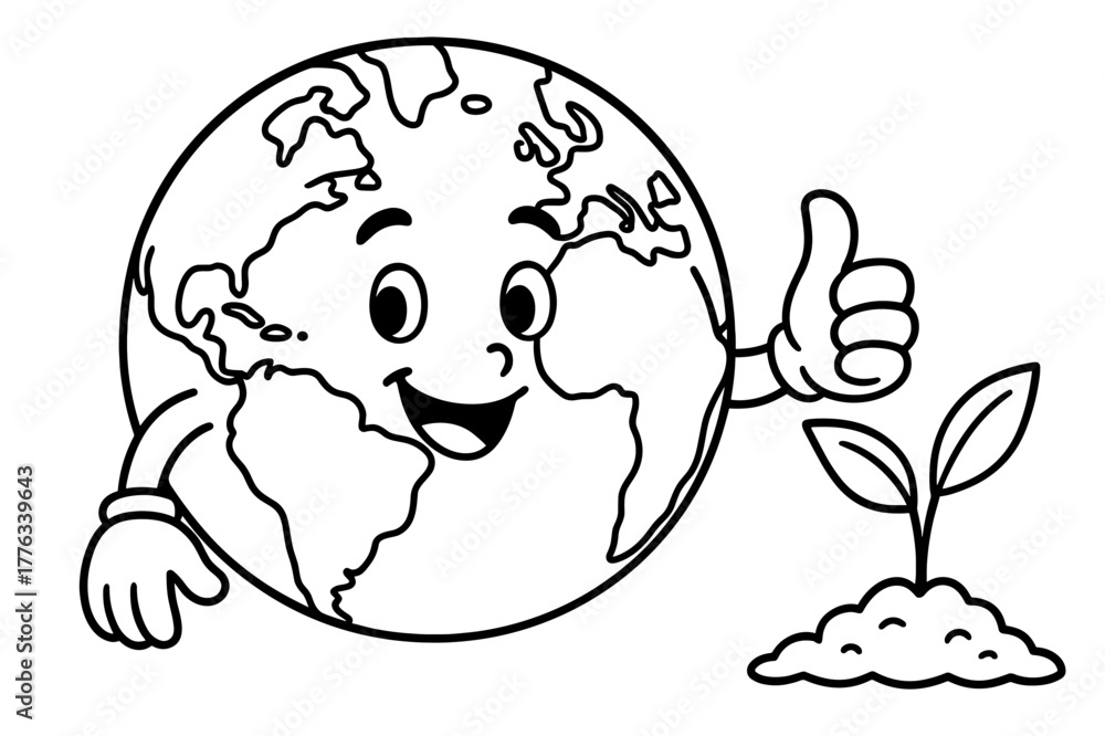 Obraz premium Earth with Green Thumb. Soil children?s coloring book illustration, outlined drawing, a smiling earth with a green thumb, educational design for kids, clear