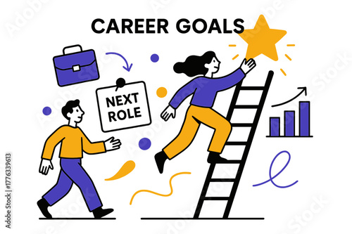 Career Goals Vision. Vision Board ? Career Goals. A tidy ladder leans toward a glowing goal star; caption ?Next Role? pins to a card. Minimal briefcase and