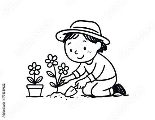 handdrawn cute doodle style person planting flowers vector line illustration