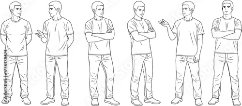 Male character body pose reference, standing man sketch illustration, front and side view, casual clothes, hand gestures, drawing anatomy guide