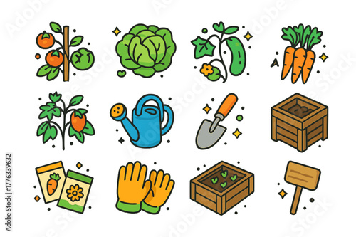 Garden Essentials Icons. Vegetable garden essentials. Colorful isometric vector icons set of Vegetable garden essentials: tomato plant, lettuce head, cucumber