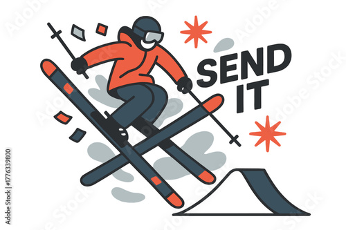 Freestyle Ski Adventure. Freestyle Jump Off a Kicker. Skis cross mid-air, jacket flares, and stickers flutter like tiny flags. ?Send It? floats