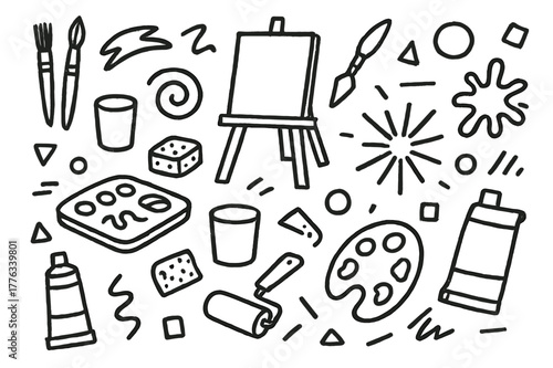 Acrylic Painting Tools. Acrylic painting. Hand-drawn doodle illustration acrylic painting paint tubes, brushes, canvas, palette knife, easel, strokes, cup,