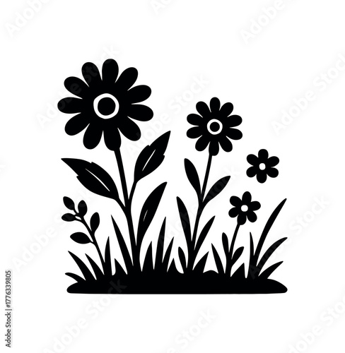 blooming meadow flat black solid vector illustration isolated on white background
