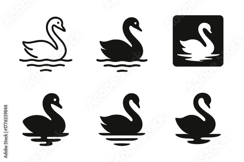 Swan Emblem Variations. Lakeside. Set Logo of Lakeside: Swan on water. Icon set. harmonious logo variations of the same emblematic concept, each with different