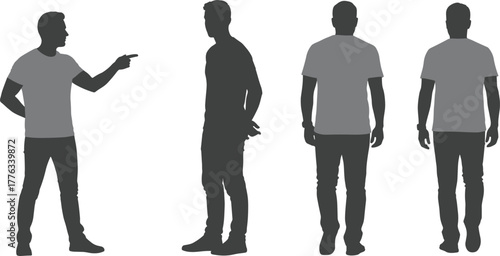 Silhouette of standing man in different poses, side and back view, pointing hand gesture, male body reference, vector illustration, design template