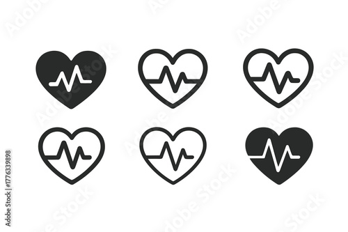 Heart Rate Logos. Heart rate monitoring. Set Logo of Heart rate monitoring: pulse waveform within heart. harmonious logo variations of the same emblematic