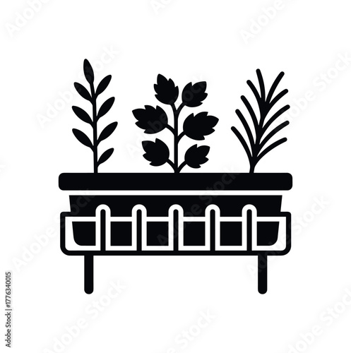 balcony herbs garden flat black solid vector illustration isolated on white background