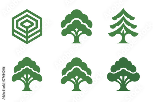 Rainforest Logo Variations. Rainforest canopy. Set Logo of Rainforest canopy: layered treetop crowns. harmonious logo variations of the same emblematic