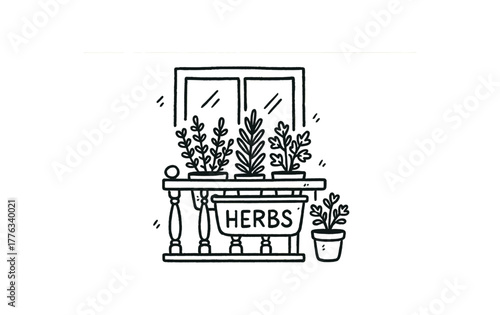 handdrawn cute doodle style balcony herbs garden vector line illustration