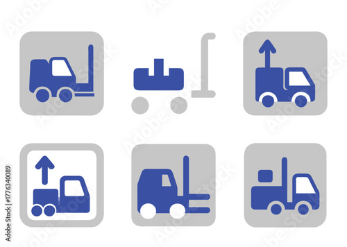 Collection of blue and gray transportation and warehouse equipment icons on white