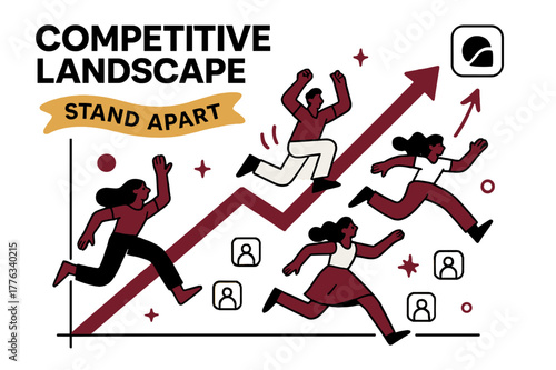 Stand Apart Graph. Pitch Deck ? Competitive Landscape. A graph positions your logo at a high corner; small icons represent rivals below. Ribbon text ?stand