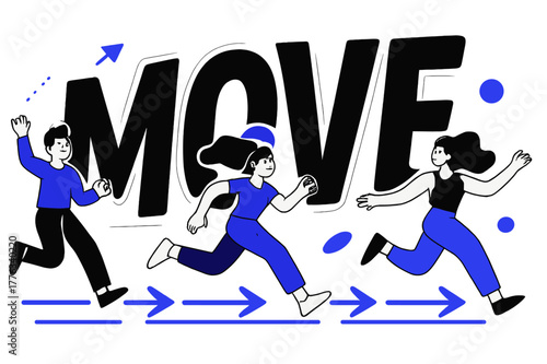 Dynamic Typography Motion. Kinetic Typography. Giant word ?MOVE? ripples forward as letters stagger with rhythmic bounce; arrows sweep the baseline like a