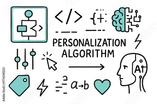 Personalization Algorithm Doodles. // Personalization algorithm. Hand-drawn doodle illustration Personalization algorithm [flowchart (accented), code brackets