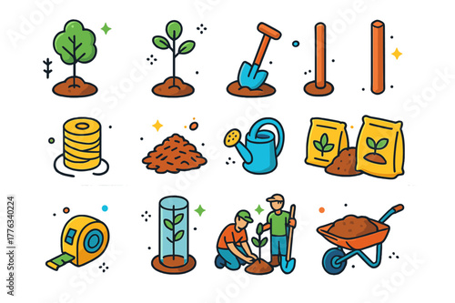 Tree Planting Icons. Tree planting day. Colorful isometric vector icons set of tree planting day: saplings, shovel, wooden stake, twine, mulch, watering can,