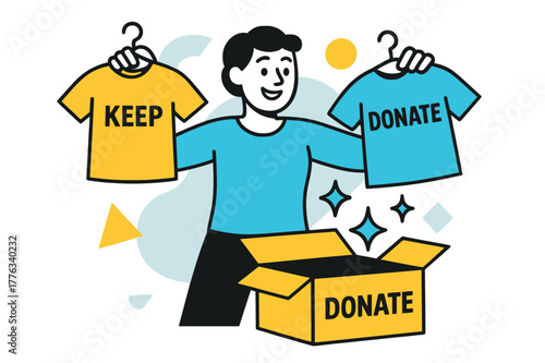 Closet Cleanup Decision. Closet Declutter Moment. A smiling person holds two shirts?one marked ?Keep,? one ?Donate.? Light geometric sparkles float around the