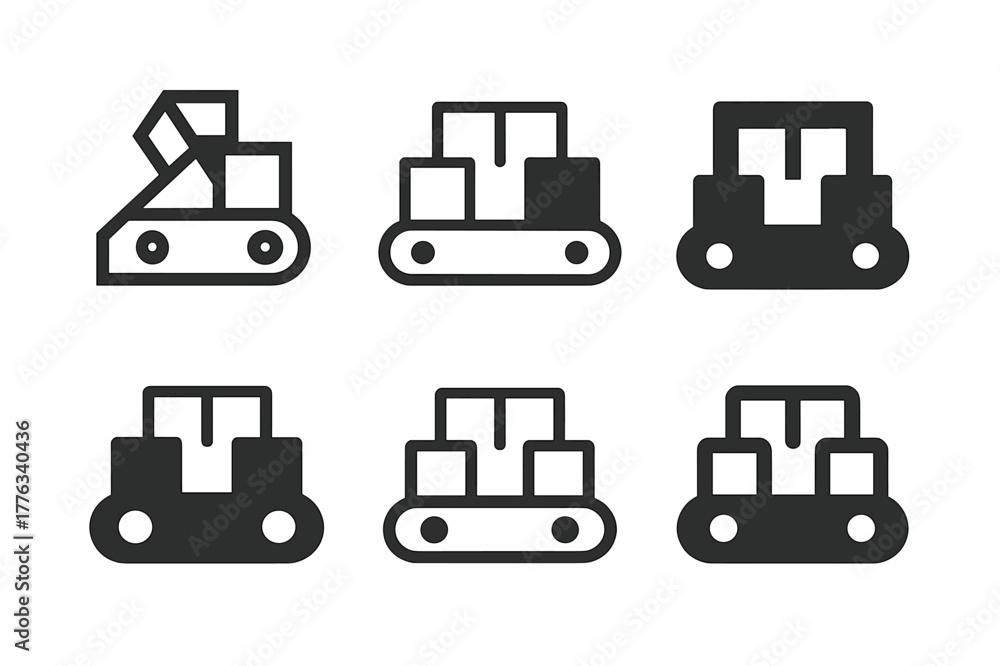 Obraz premium Industrial Logo Designs. Material handling at industrial sites. Set Logo of Material handling at industrial sites: Conveyor belt with boxes. Icon
