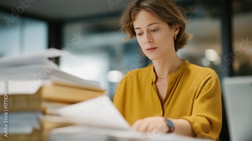 Office scene with administrative worker sorting stacks of certified contracts, emotion of diligence and order visible, representing business documentation management, legal compliance, and