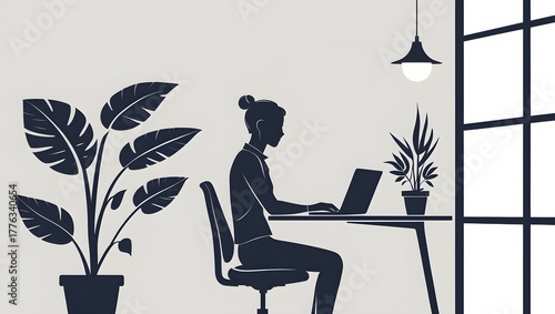Remote work. Woman silhouette at desk with laptop in home office with plants. Vector