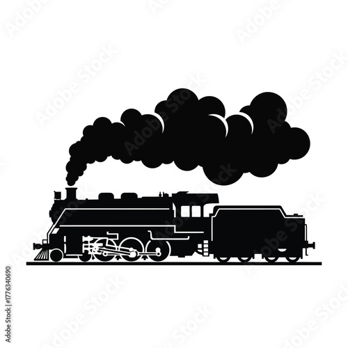 Classic Steam Locomotive with Smoke Outline Drawing Vintage Train Silhouette Illustration
