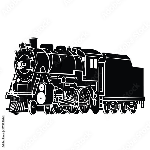 Detailed steam train locomotive railroad transport vector illustration isolated black white