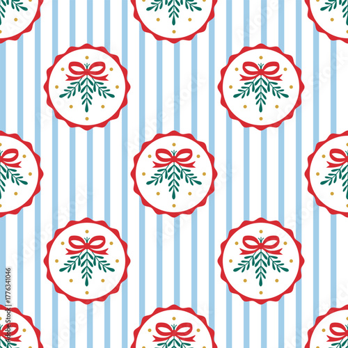 Modern seamless pattern with mistletoe branch in frame and blue stripe. Christmas folk art ornament. Winter background. Scandinavian collection. Fabric textile print