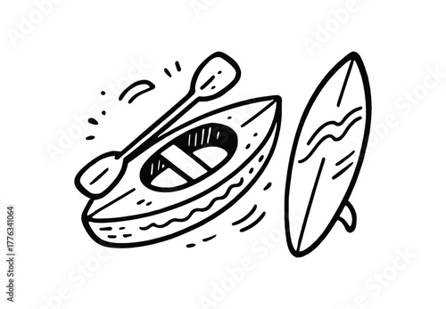 handdrawn cute doodle style surf canoe board vector line illustration