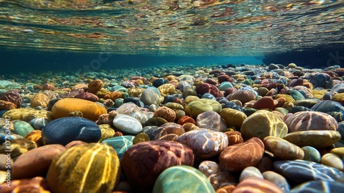 riverbed. Colorful pebbles on a riverbed under clear shallow water with sunlight refraction. ESG reports, sustainability campaigns, designed for environmental awareness campaigns.