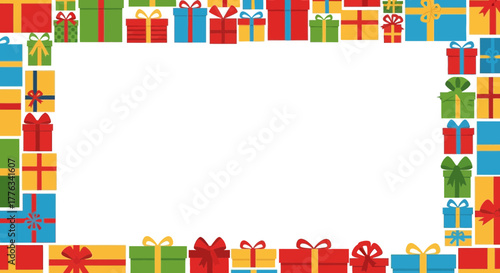 Cheerful Gift Box Border for Festive Occasions, Vibrant Colorful Presents Frame for Holiday Greetings and Celebratory Designs, Originally a Vector Graphic