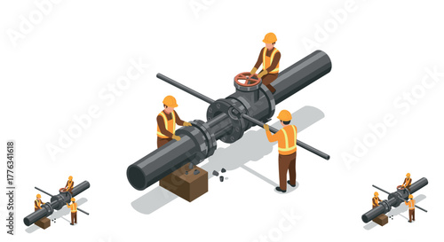 Isometric workers operating industrial pipe valve in construction setting