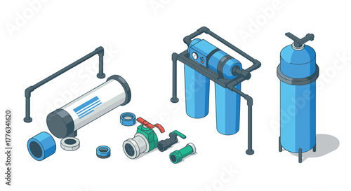 Water filtration system in isometric style with pipes and valves
