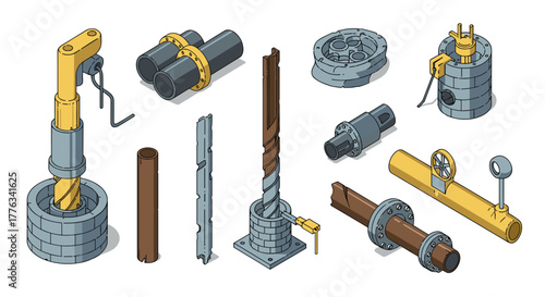 Industrial construction parts in isometric style with pipes and valves