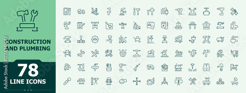 Construction And Plumbing modern icon set. Plumbing line icon set. UI icons set in a thin style. build, construction, mechanic, house, tool, equipment. Editable vector art and illustration.